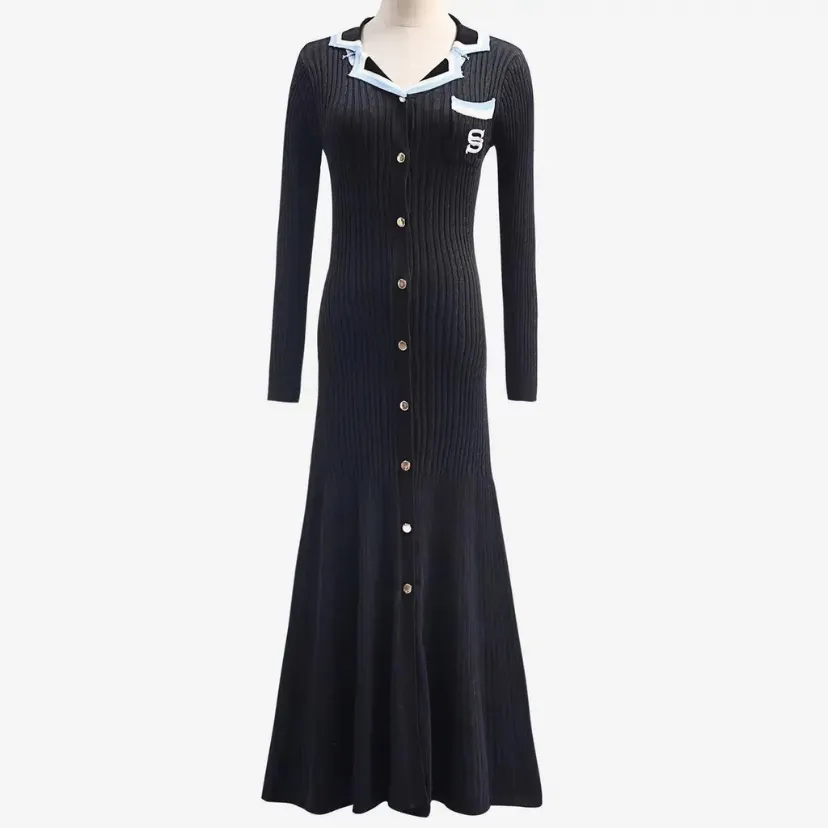 Knitted dress with collar and buttons, women's knitted dresses