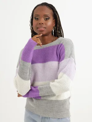 Ladies Bold Stripe Pullover - Purple
