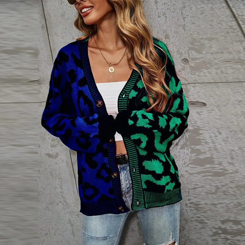 Leopard Print Cardigan Women Knitted Sweater