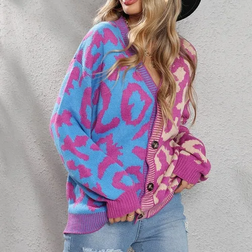 Leopard Print Cardigan Women Knitted Sweater