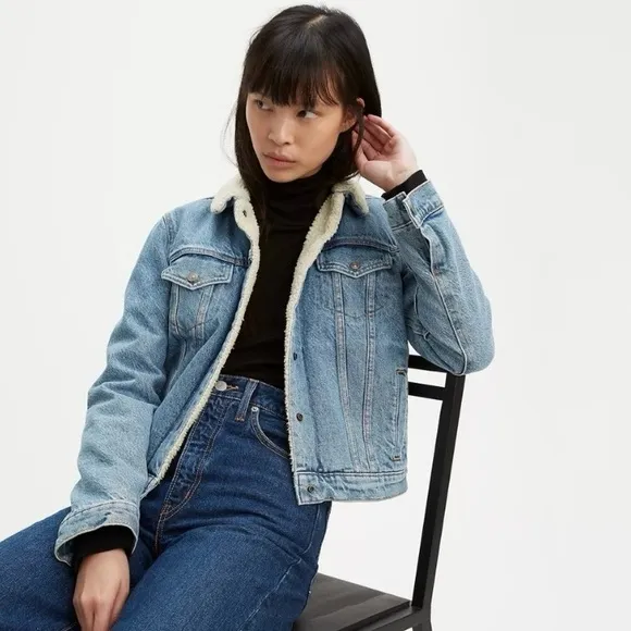 Levi's Womens Original Denim sherpa Lined Trucker Jean Jacket Blue Size Large
