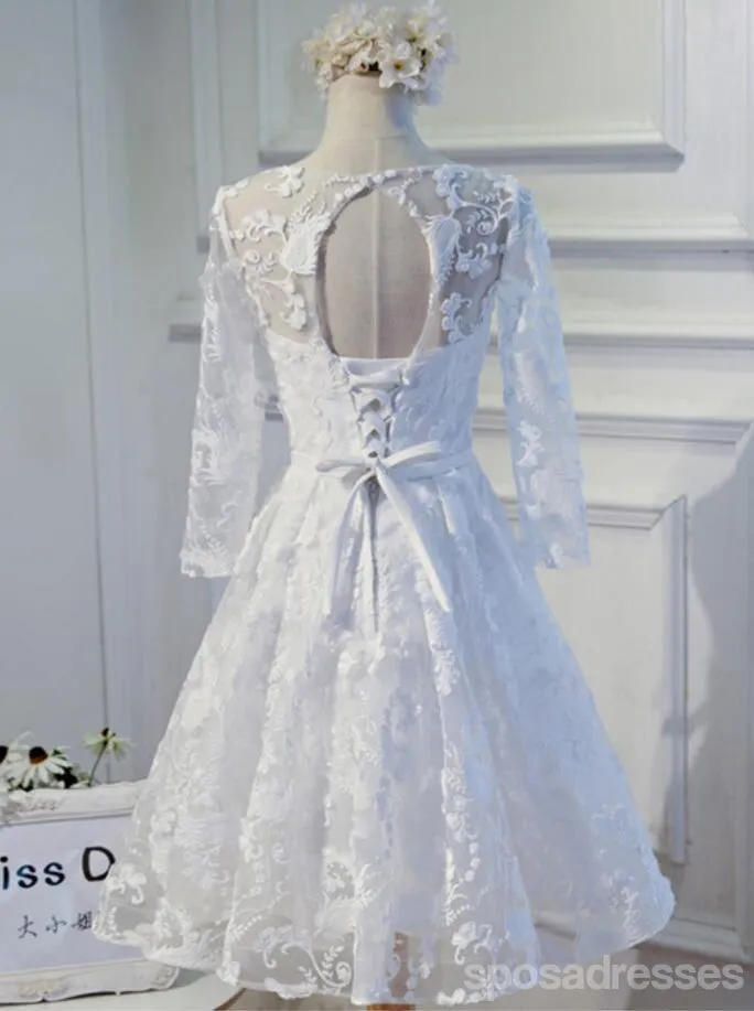 Long Sleeve White Open back Lace Cute Homecoming Prom Dresses, Affordable Short Party Prom Dresses, Perfect Homecoming Dresses, CM315