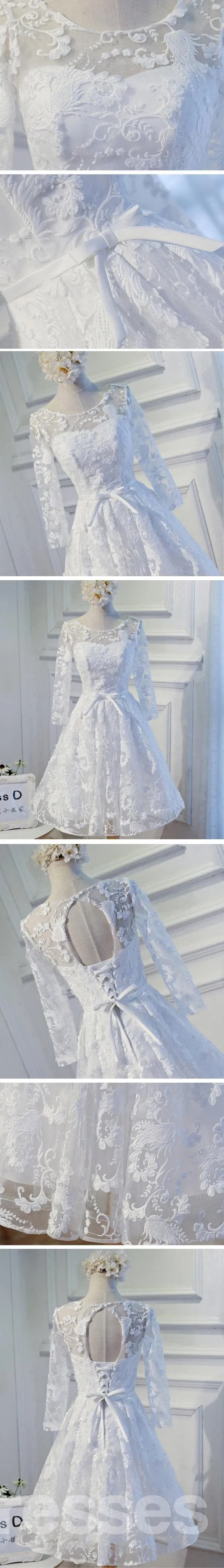 Long Sleeve White Open back Lace Cute Homecoming Prom Dresses, Affordable Short Party Prom Dresses, Perfect Homecoming Dresses, CM315