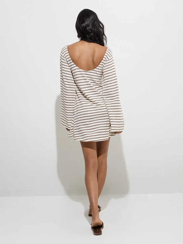 LOV Off-White Striped Knitted Cotton-Blend A-Line Dress