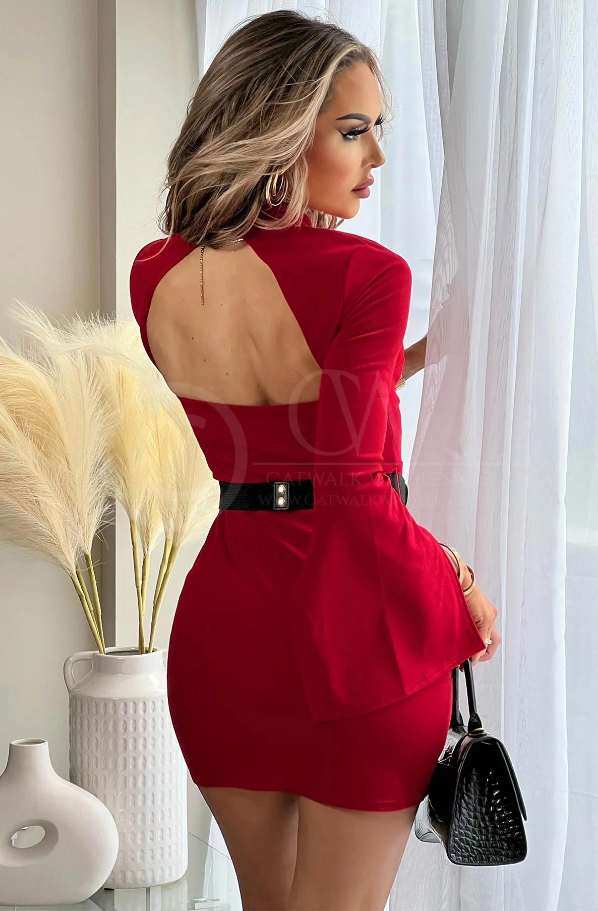 Luna Cut Out Slit Sleeve Mini Dress-Red