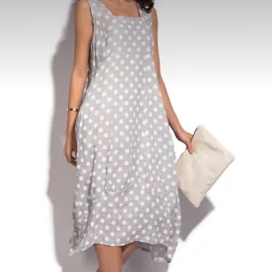 Made In Italy Linen Lagenlook Western Polka Dot Spotty Summer Dress With Pockets