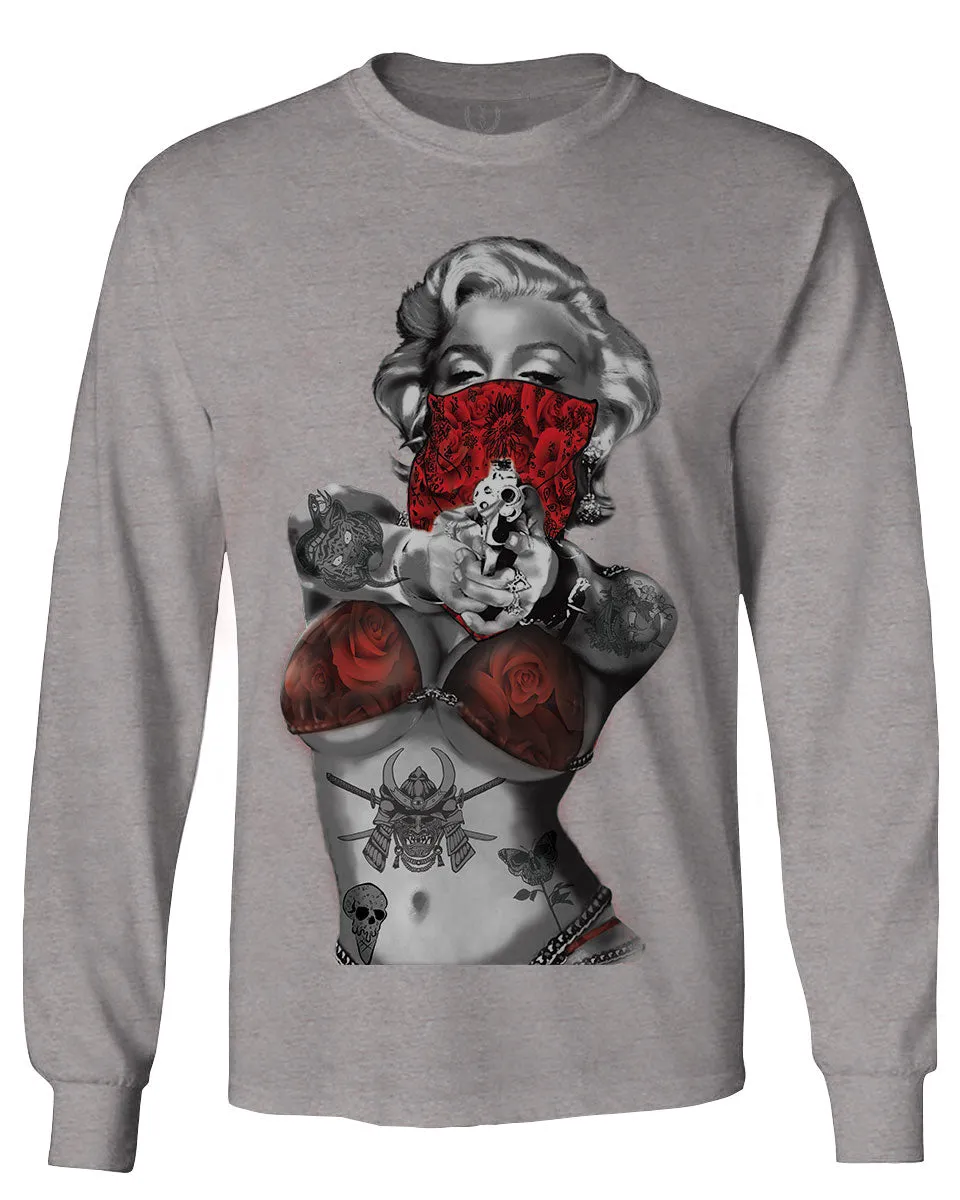 Marilyn Monroe Gangster Cool Graphic Hipster Red Roses Summer mens Long sleeve t shirt