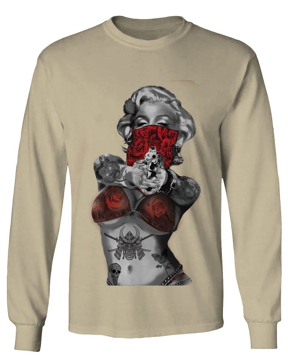 Marilyn Monroe Gangster Cool Graphic Hipster Red Roses Summer mens Long sleeve t shirt