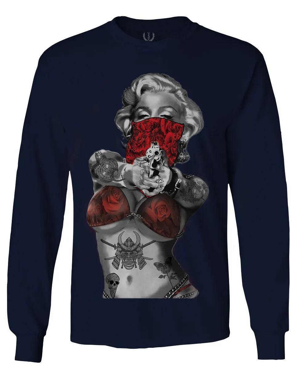 Marilyn Monroe Gangster Cool Graphic Hipster Red Roses Summer mens Long sleeve t shirt