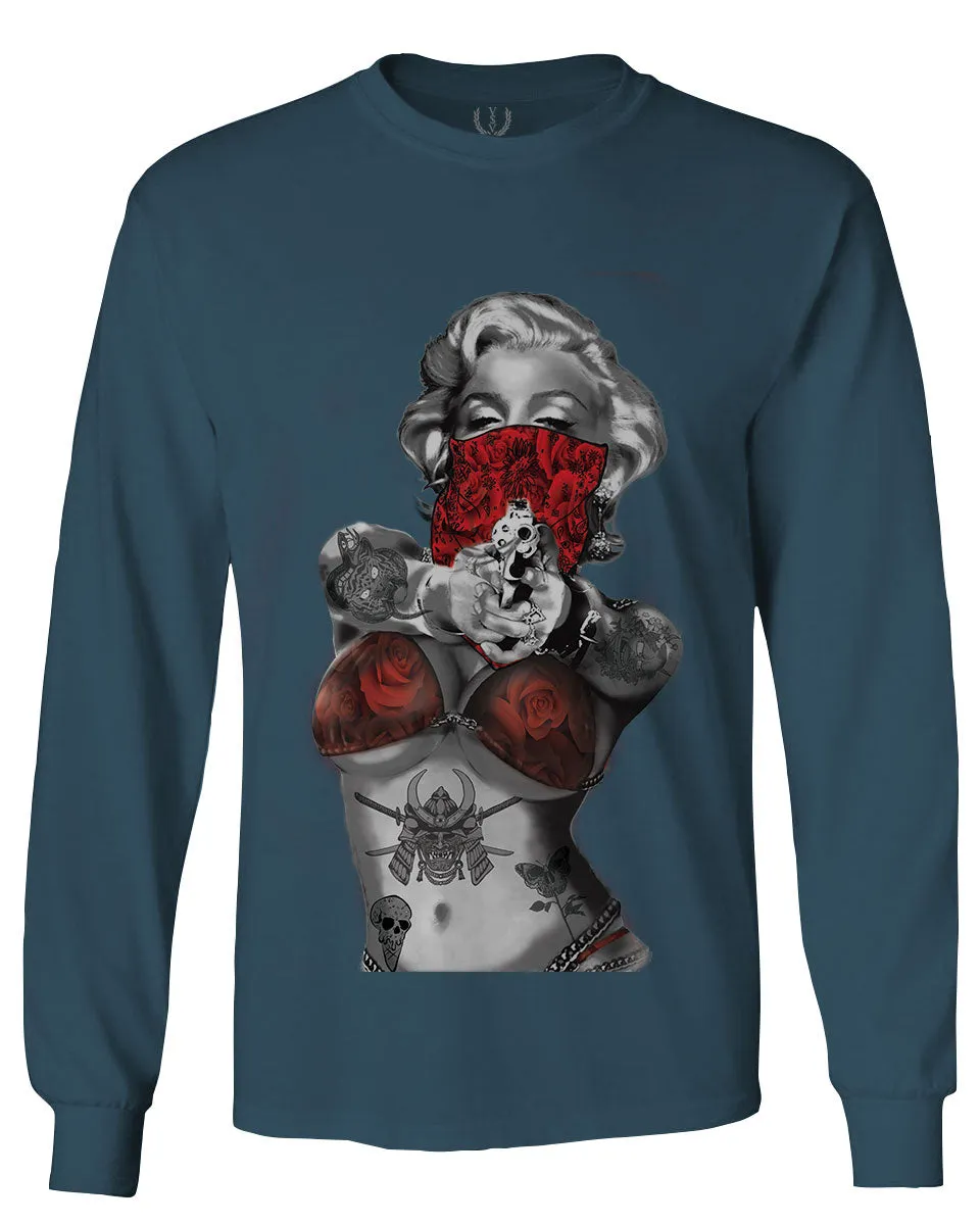Marilyn Monroe Gangster Cool Graphic Hipster Red Roses Summer mens Long sleeve t shirt