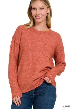 Melange Hi-Low Hem Pocket Round Neck Sweater