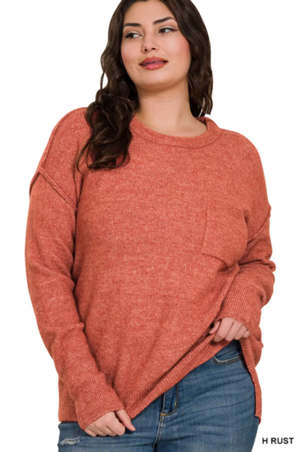 Melange Hi-Low Hem Pocket Round Neck Sweater