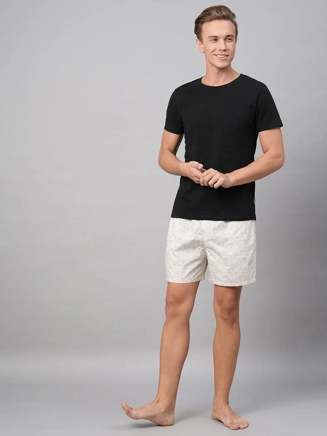 Men's Beige, 100% Cotton, Printed, Regular Fit, Inner Elastic, Mid-Rise, Boxers