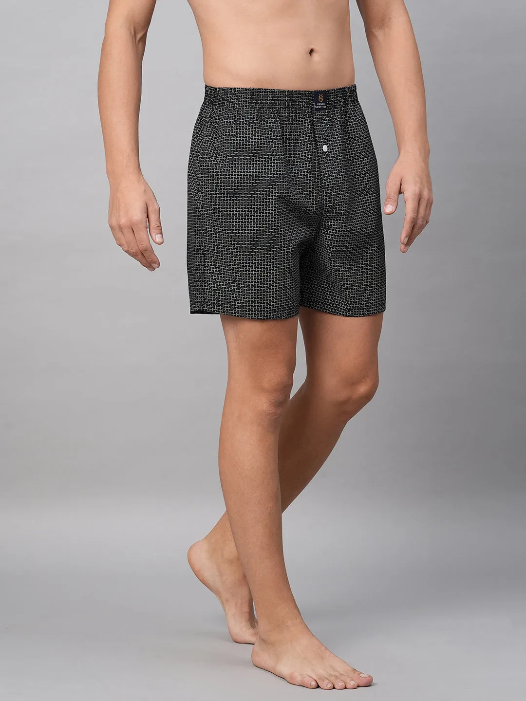 Men's Black, 100% Cotton, Printed, Regular Fit, Inner Elastic, Mid-Rise, Boxers