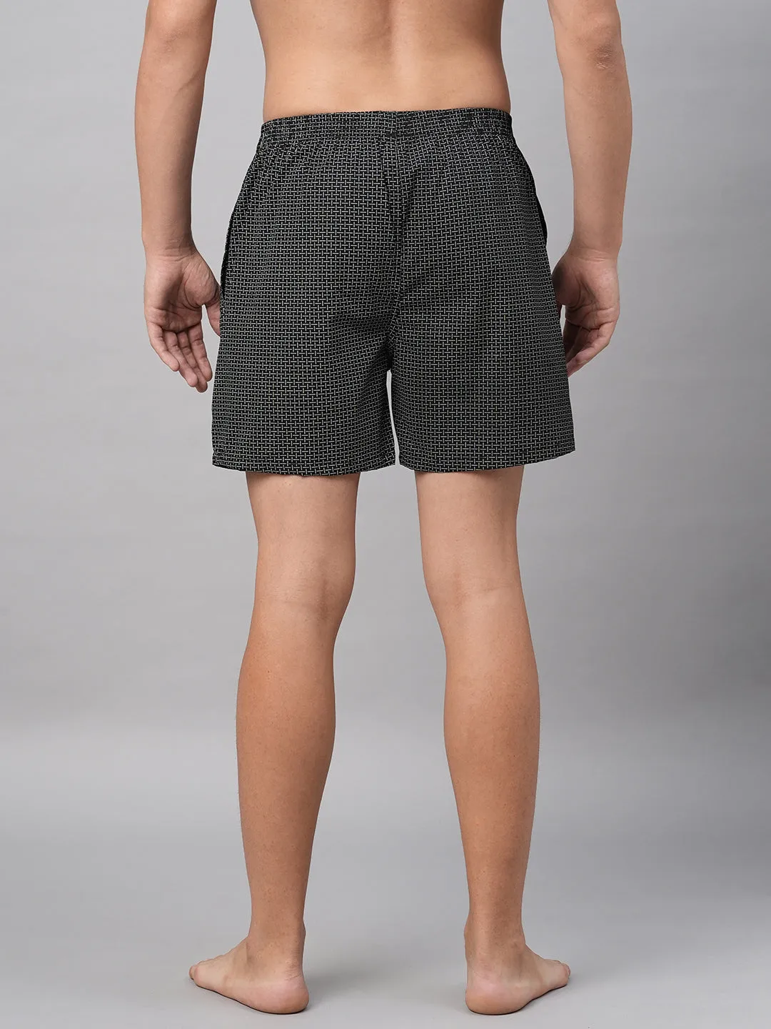 Men's Black, 100% Cotton, Printed, Regular Fit, Inner Elastic, Mid-Rise, Boxers