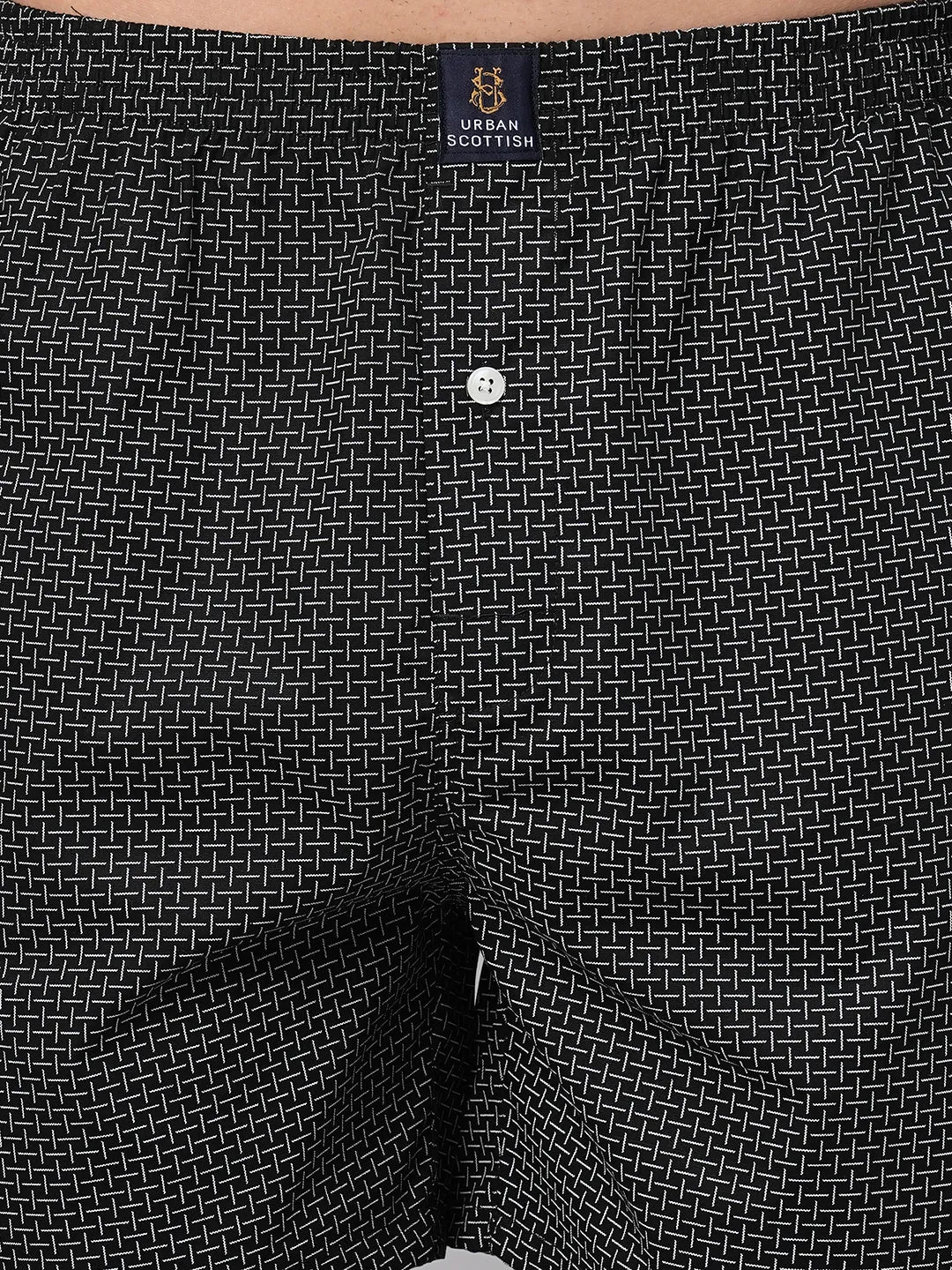 Men's Black, 100% Cotton, Printed, Regular Fit, Inner Elastic, Mid-Rise, Boxers