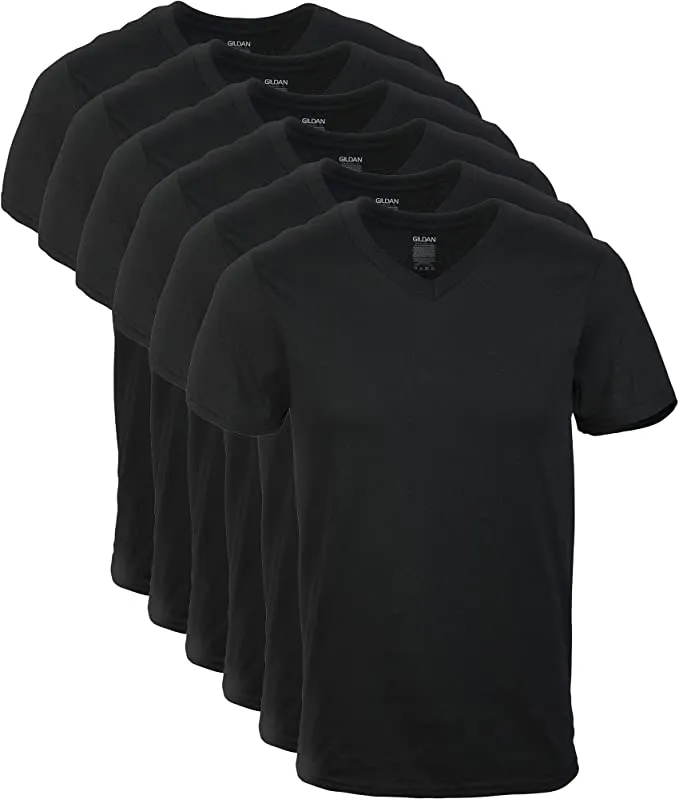 New Gildan mens 6 Pack standard V-neck T-shirts in Black, Sz M!
