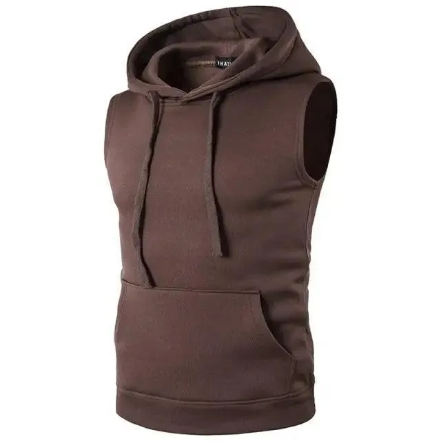 New Men's Solid Sleeveless Hoodie Sweatshirt Casual Loose Drawstring Tops with Pockets Autumn Winter Muscle Sleeveless Hoodies Gym Sport Bodybuilding Hoodie