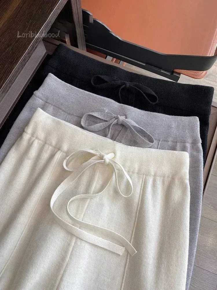 Obsidian Phoenix Soft White Knit Wide-Leg Pants - Thick Wool