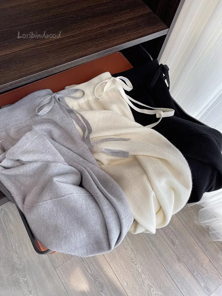 Obsidian Phoenix Soft White Knit Wide-Leg Pants - Thick Wool