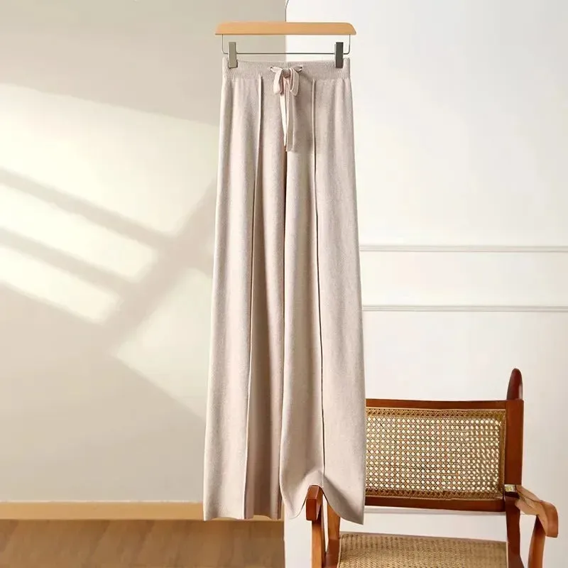 Obsidian Phoenix Soft White Knit Wide-Leg Pants - Thick Wool