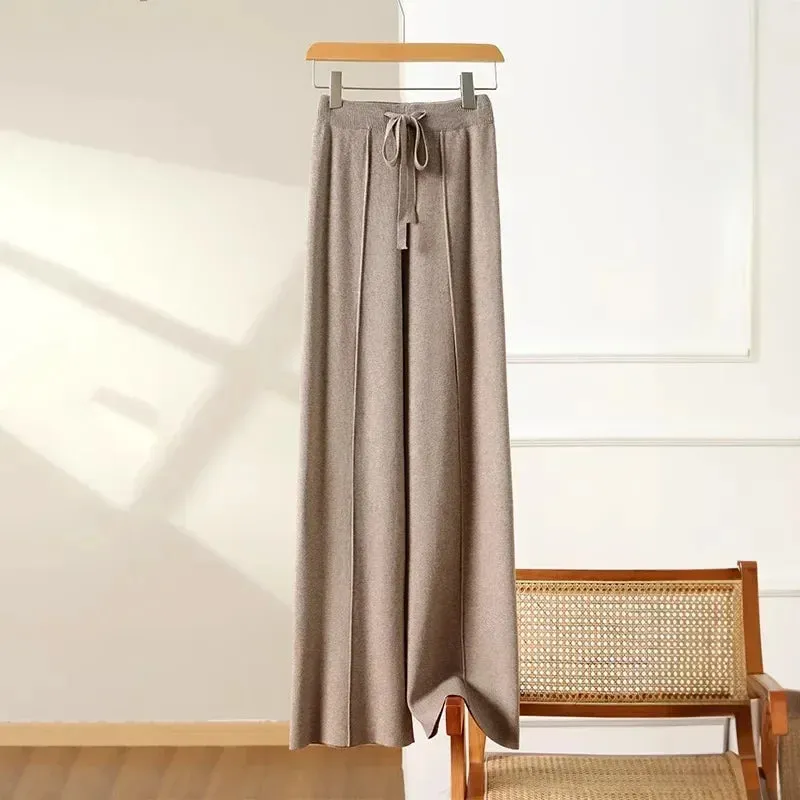 Obsidian Phoenix Soft White Knit Wide-Leg Pants - Thick Wool