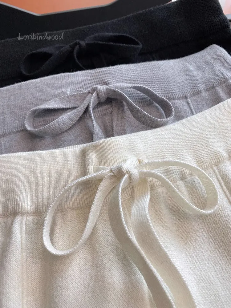 Obsidian Phoenix Soft White Knit Wide-Leg Pants - Thick Wool