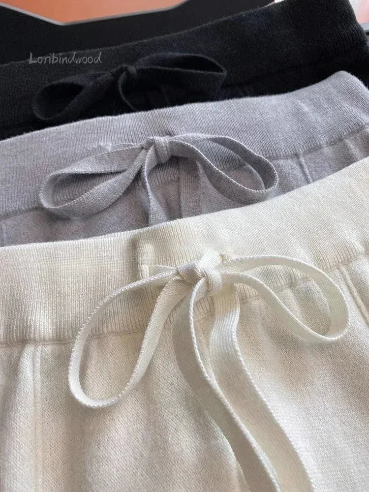 Obsidian Phoenix Soft White Knit Wide-Leg Pants - Thick Wool