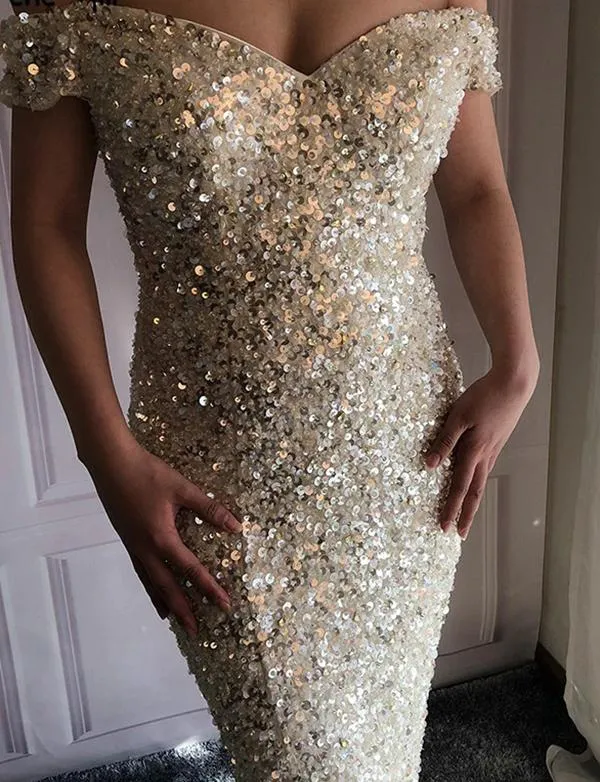 Off Shoulder Long Mermaid Sequin Tulle Prom Dresses, PD0956