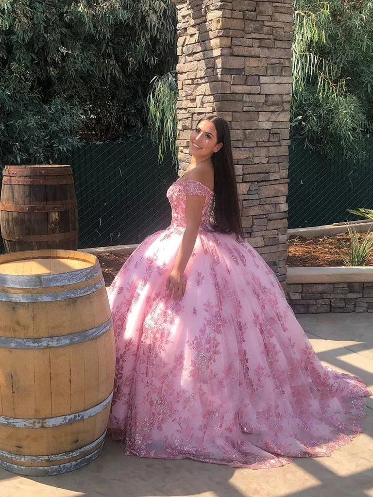 Off Shoulder Sweetheart Neckline Sparkly Quinceanera Dresses with Appliques