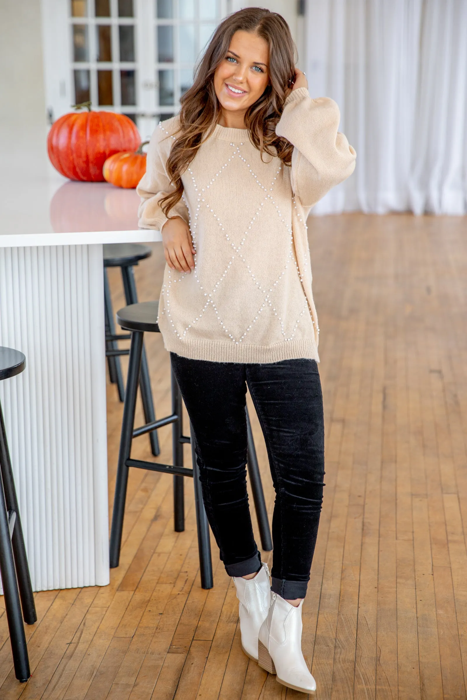 Peach Pearl Beaded Sweater