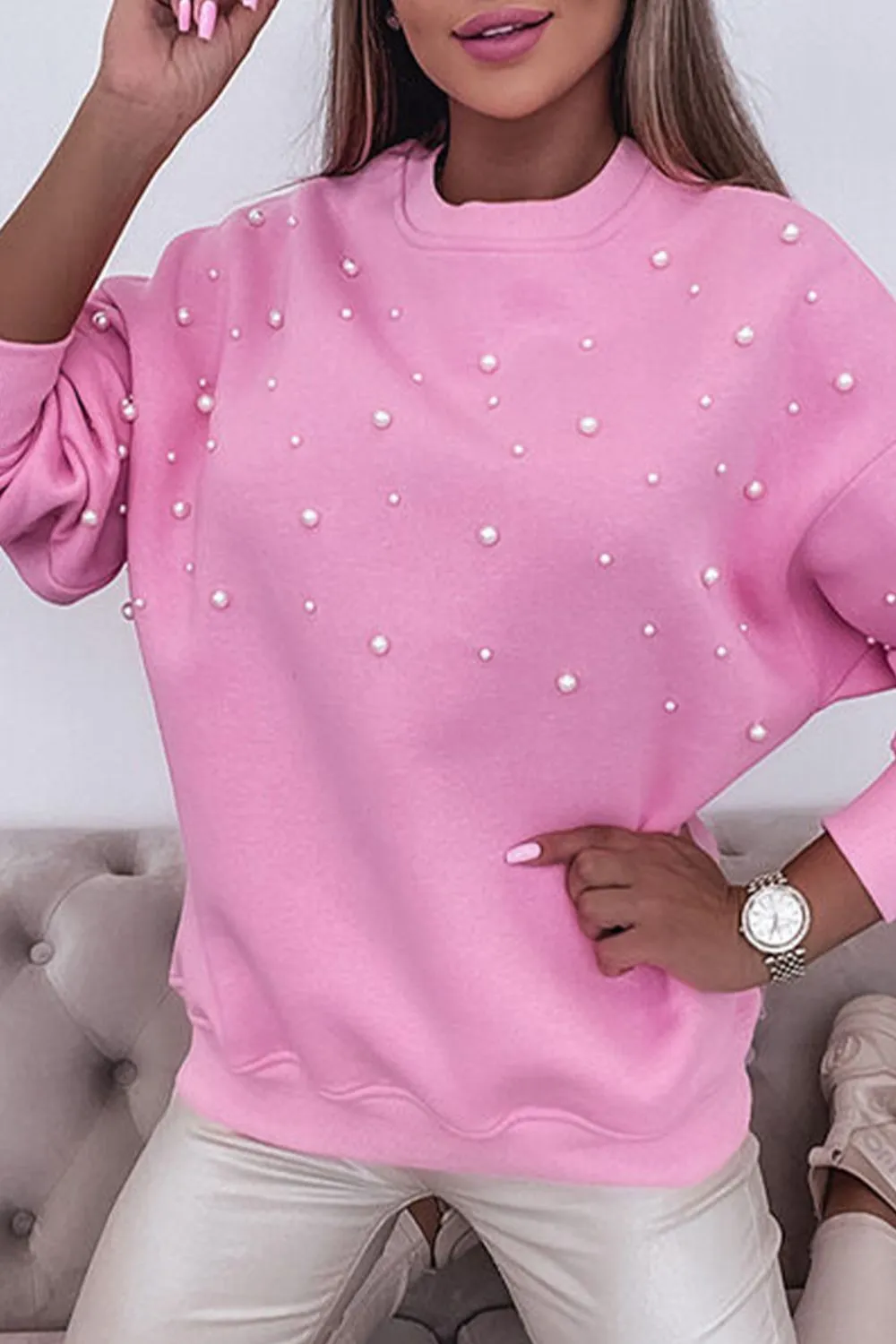 Pearl Detail Ribbed Sweatshirt