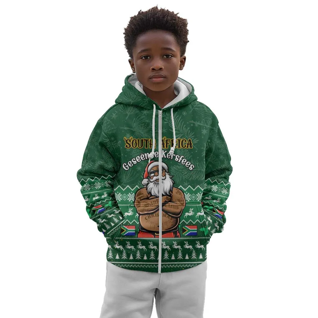 Personalised South Africa Christmas Kid Hoodie Cool Santa Claus With South African Map LT14