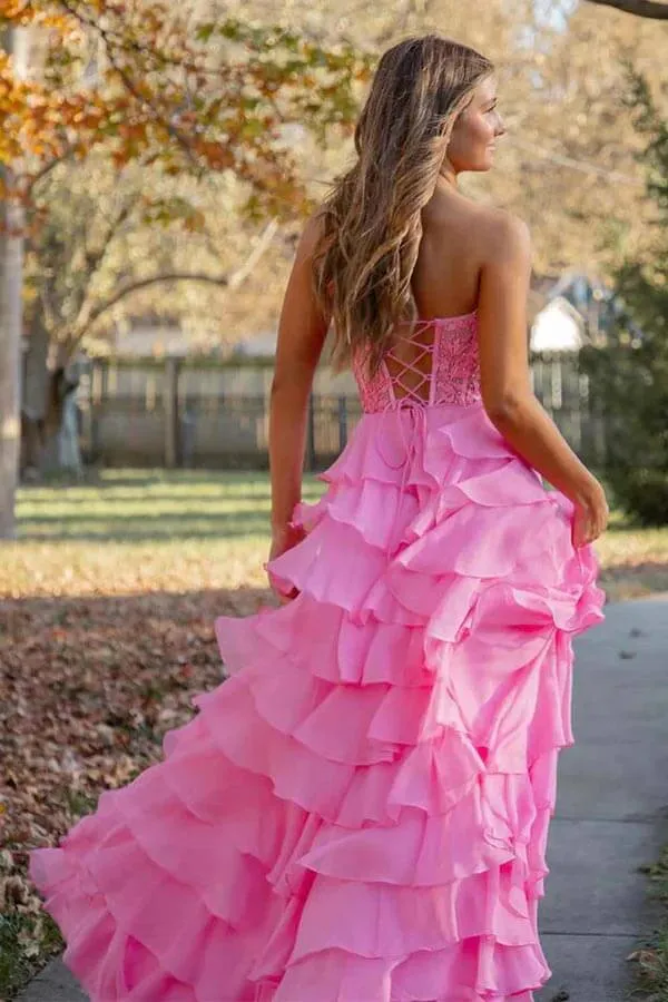 Pink Chiffon Lace Bodice Strapless Prom Dresses With Ruffle Skirt, SLP062
