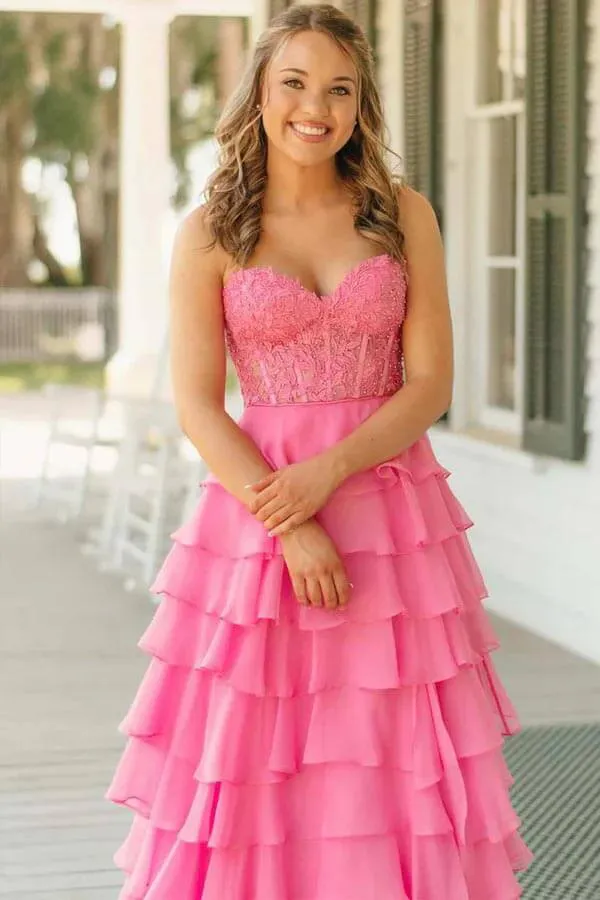 Pink Chiffon Lace Bodice Strapless Prom Dresses With Ruffle Skirt, SLP062