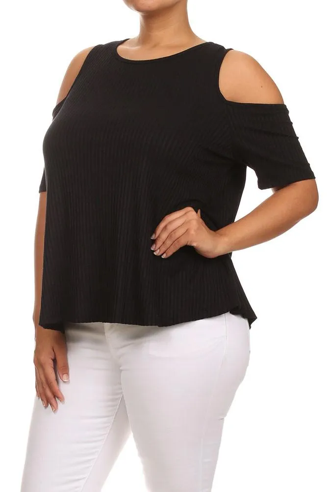 Plus Size Ribbed Cut Out Shoulder Boxy Top