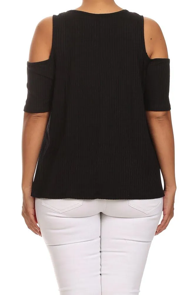 Plus Size Ribbed Cut Out Shoulder Boxy Top
