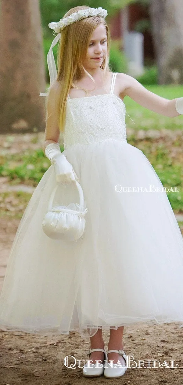 Popular Spaghetti Strap Ivory Tulle A-line Long Cheap Flower Girl Dresses, FGS0013