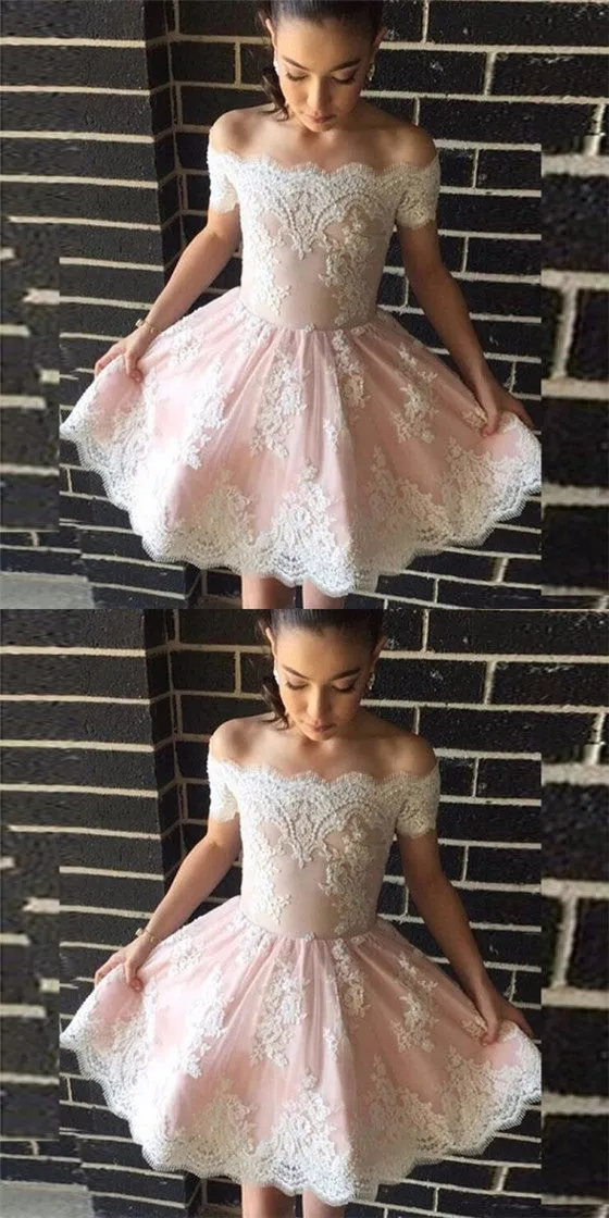 Pretty Off-Shoulder Lace Appliques Short Cheap Pink Homecoming Dresses, QB0069
