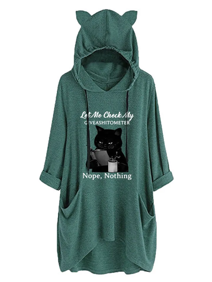 Pretty Printed Irregular Hem Cat's Ears Hoodies