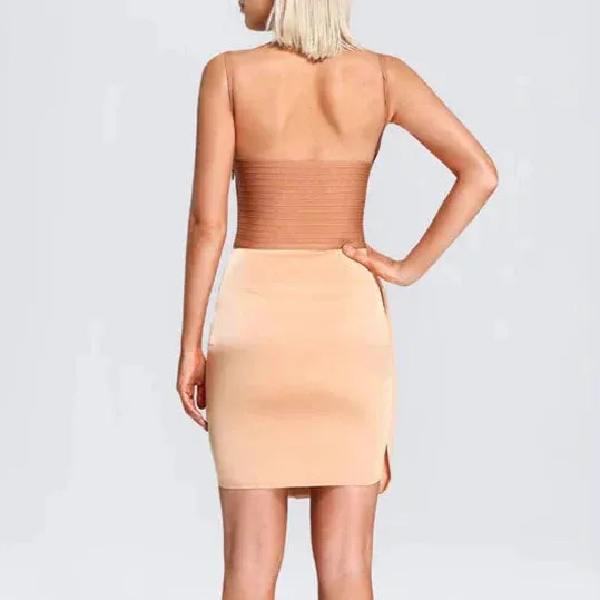 Primavera - Apricot Bandage & Satin Cut Out Dress