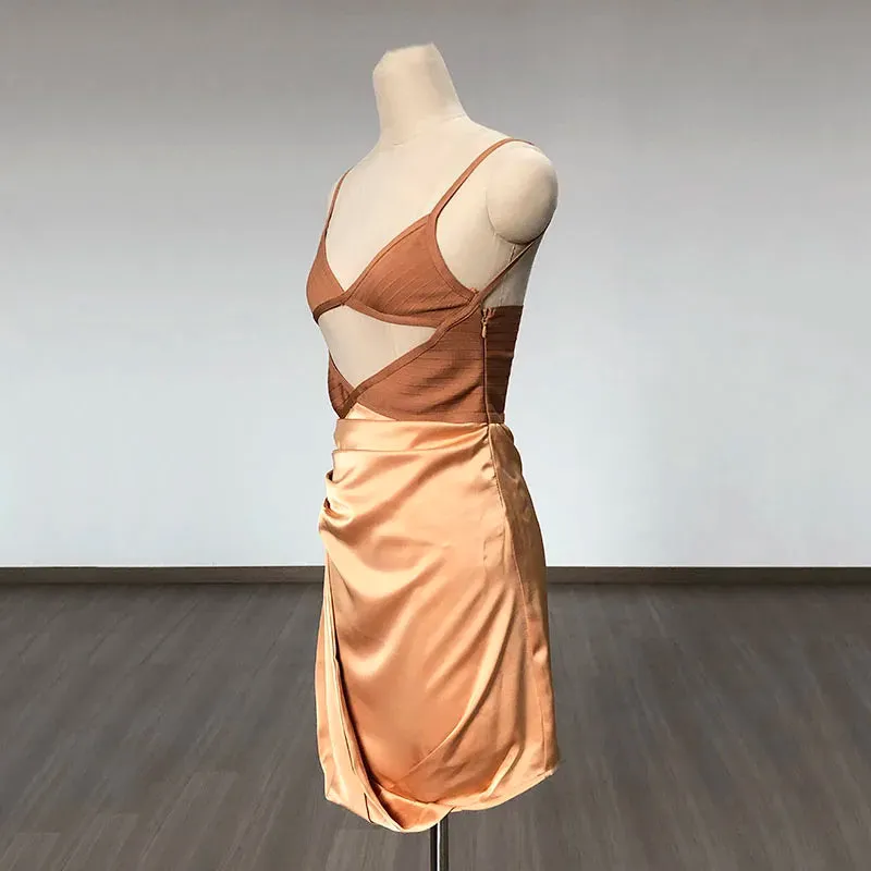 Primavera - Apricot Bandage & Satin Cut Out Dress
