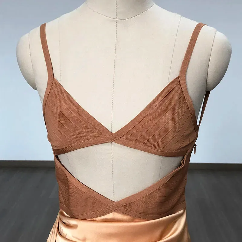 Primavera - Apricot Bandage & Satin Cut Out Dress