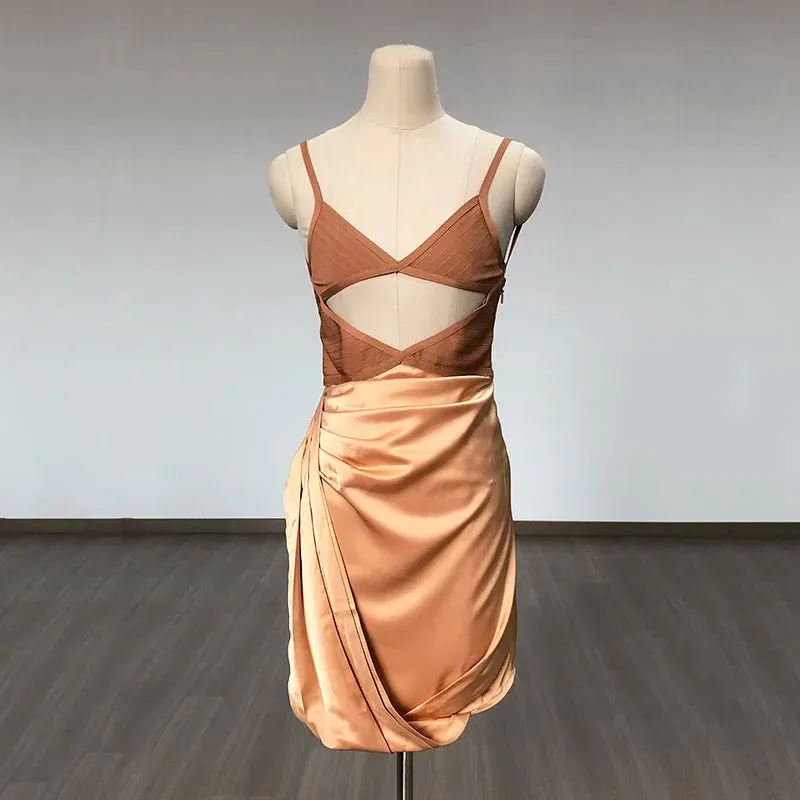 Primavera - Apricot Bandage & Satin Cut Out Dress