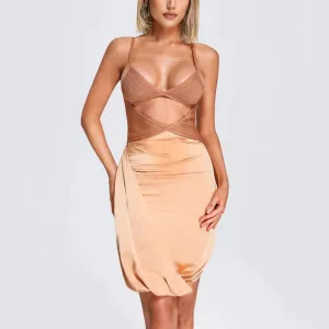 Primavera - Apricot Bandage & Satin Cut Out Dress