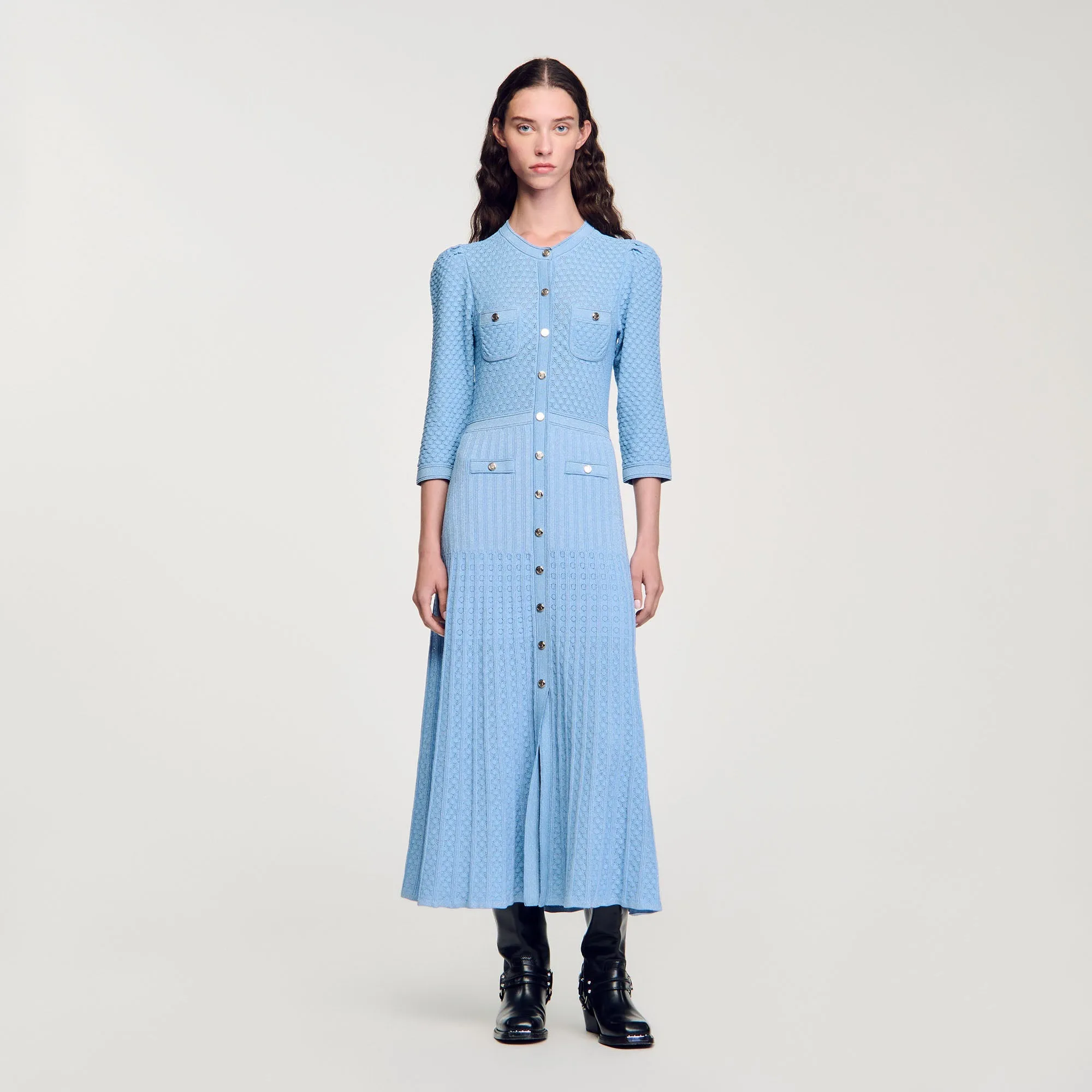 Ramia Pointelle Knit Maxi Dress Sky Blue