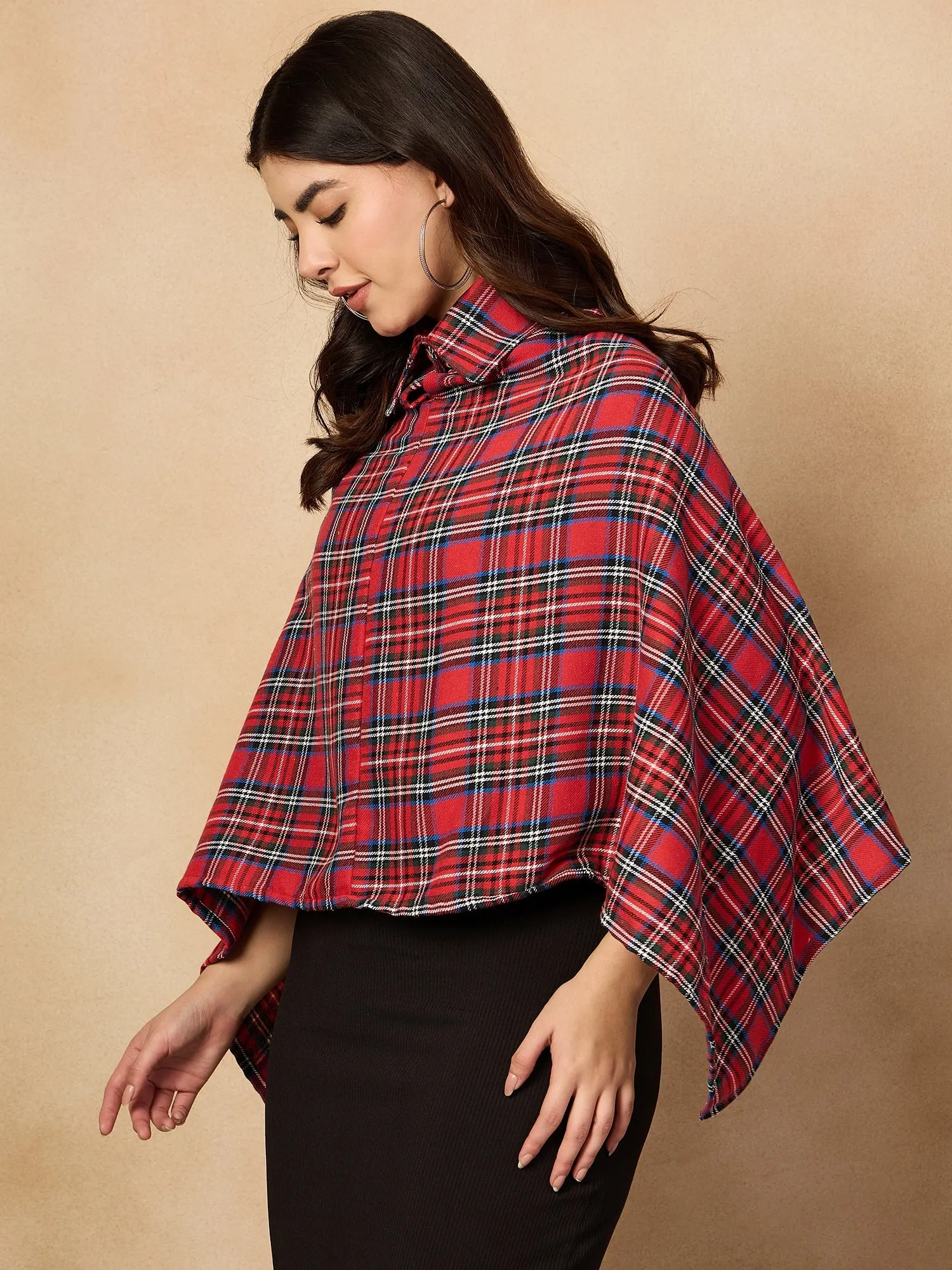 Red Green Check Collar Poncho