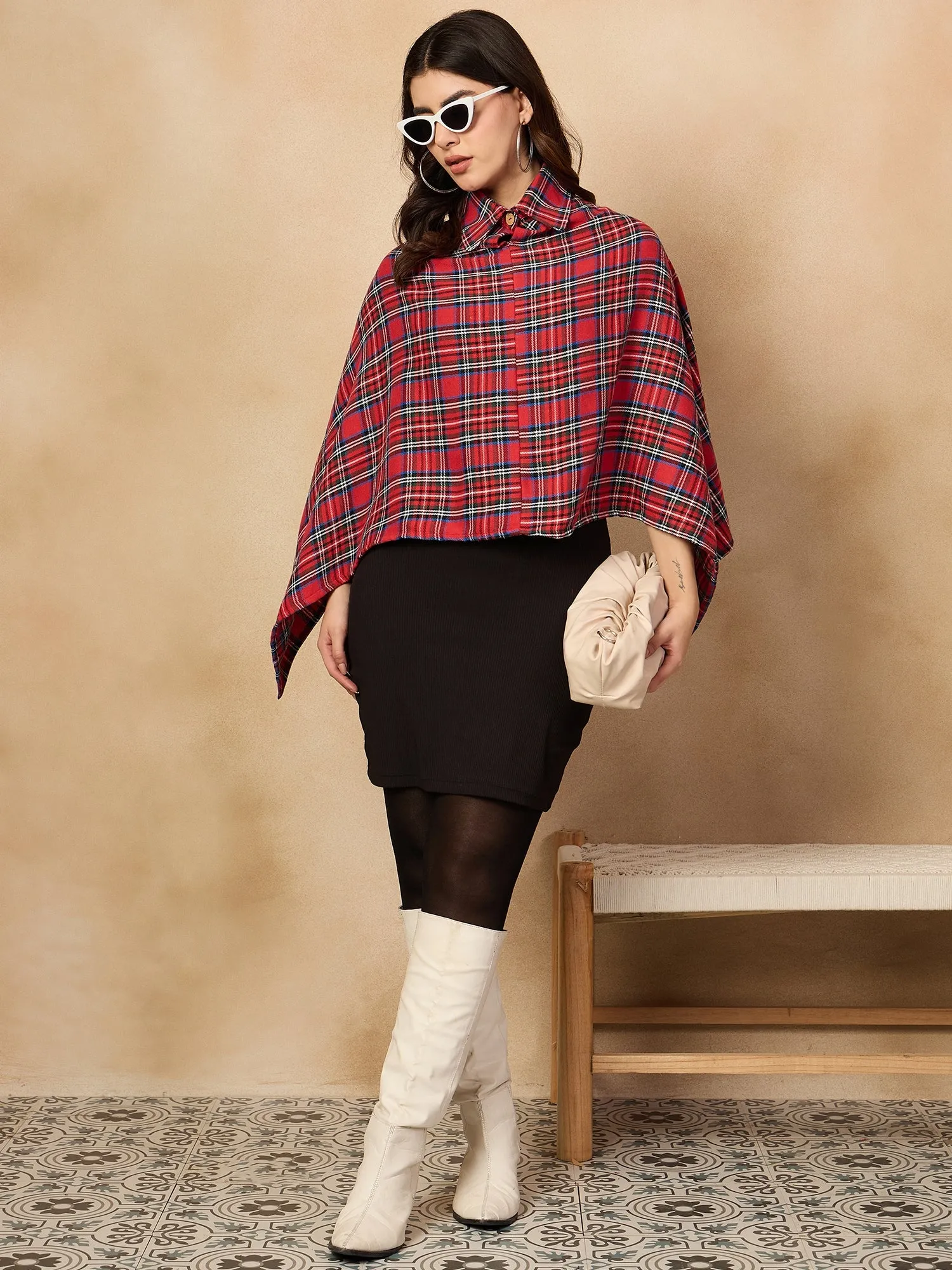 Red Green Check Collar Poncho