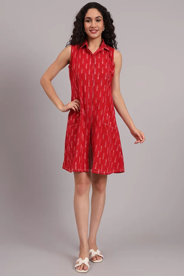 Red Handloom Iket Sleeveless Dress