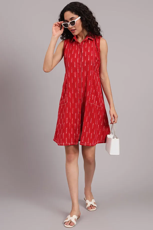 Red Handloom Iket Sleeveless Dress